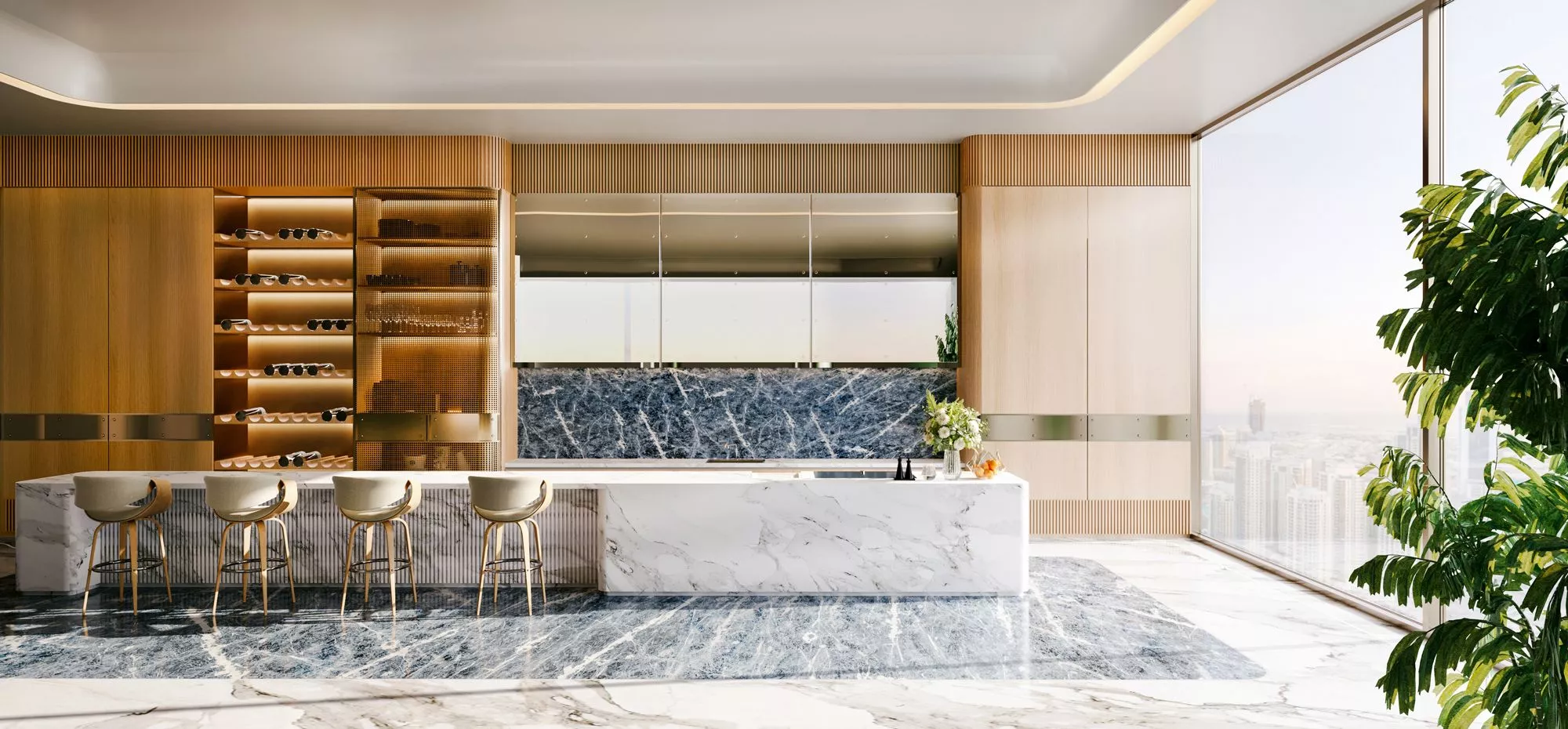 bugatti residences luxury kitchen interior with marble island