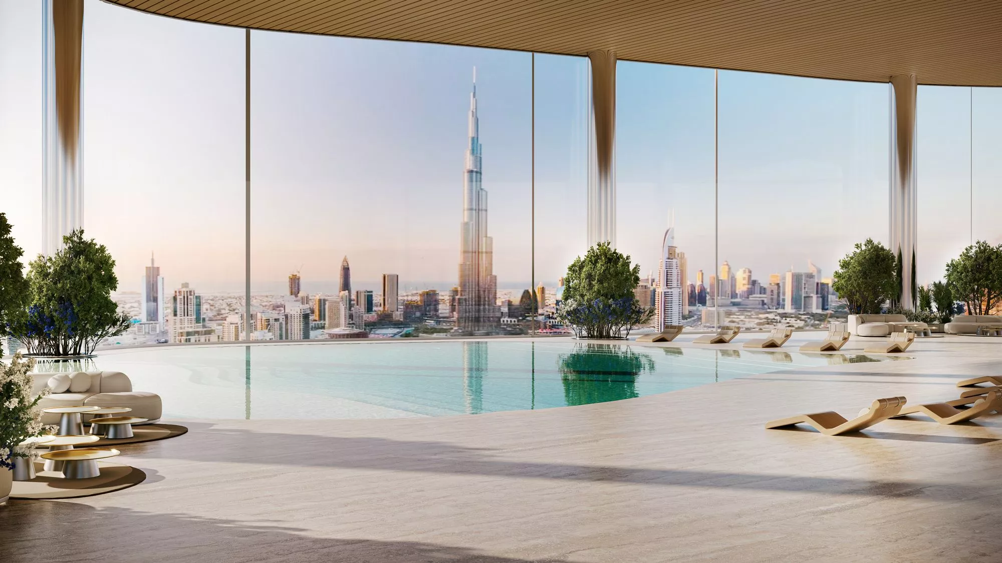 bugatti residences interior community swimming pool with view of burj khalifa