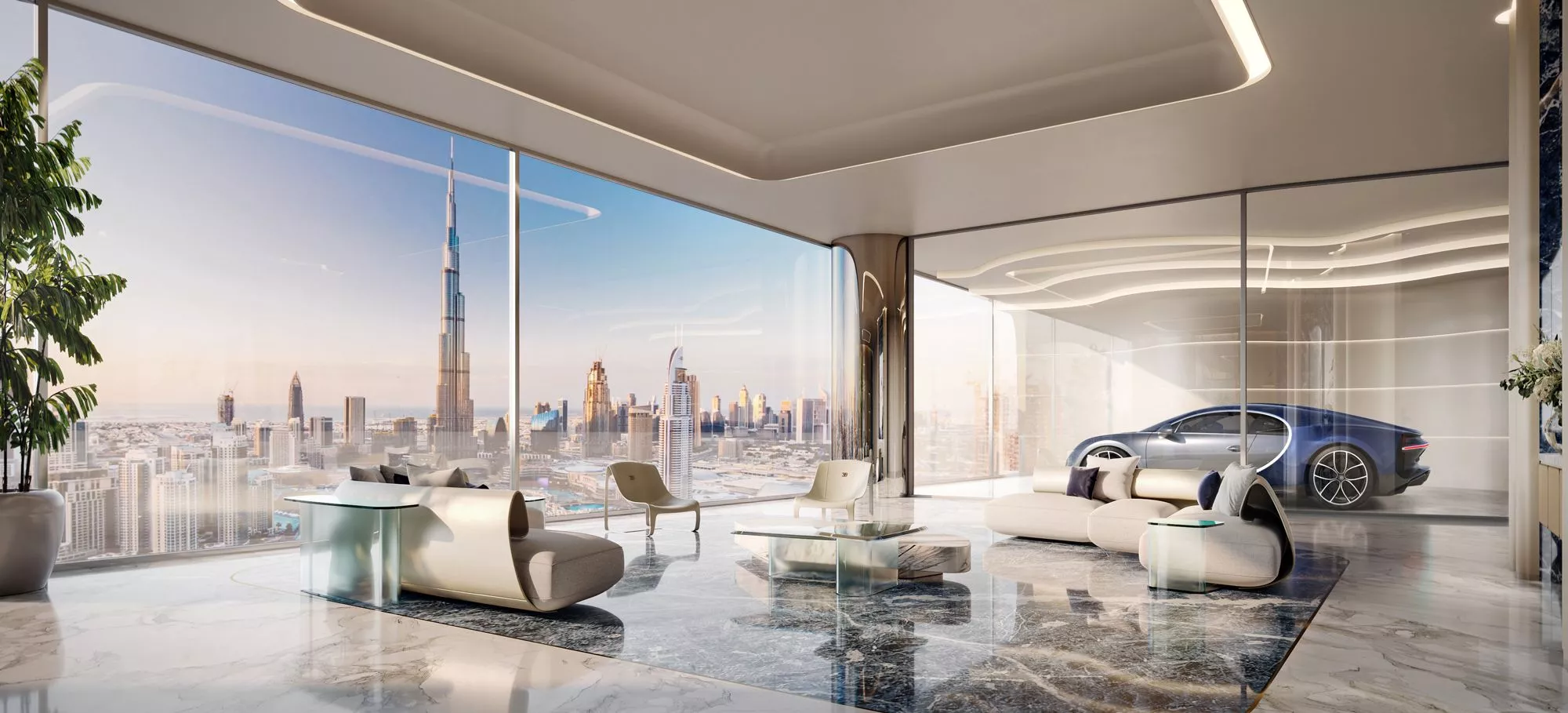 bugatti residences interior with garage to penthouse car lift