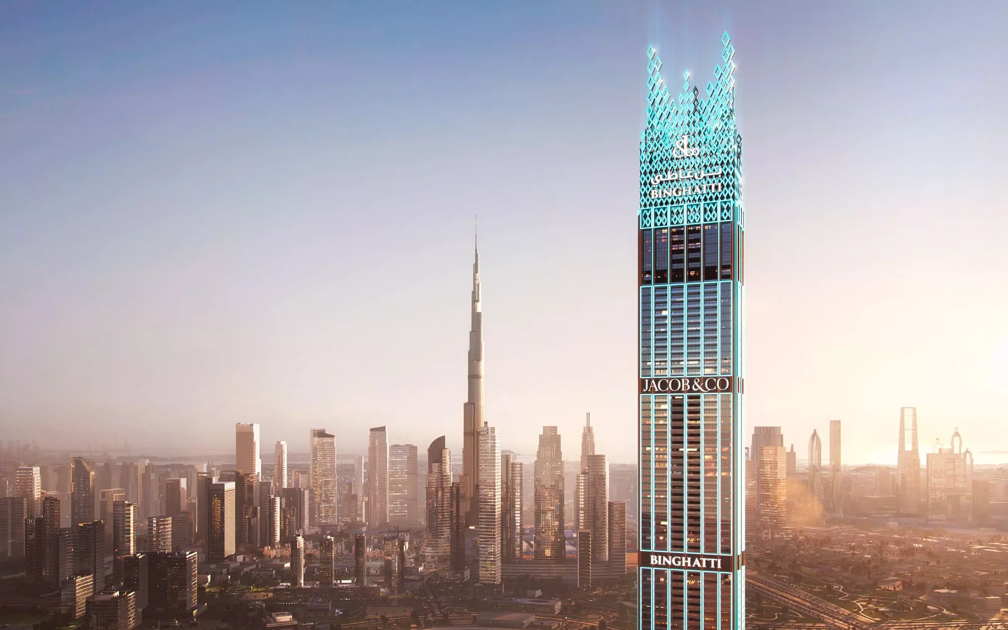 burj binghatti with jacob & co branding on the tower