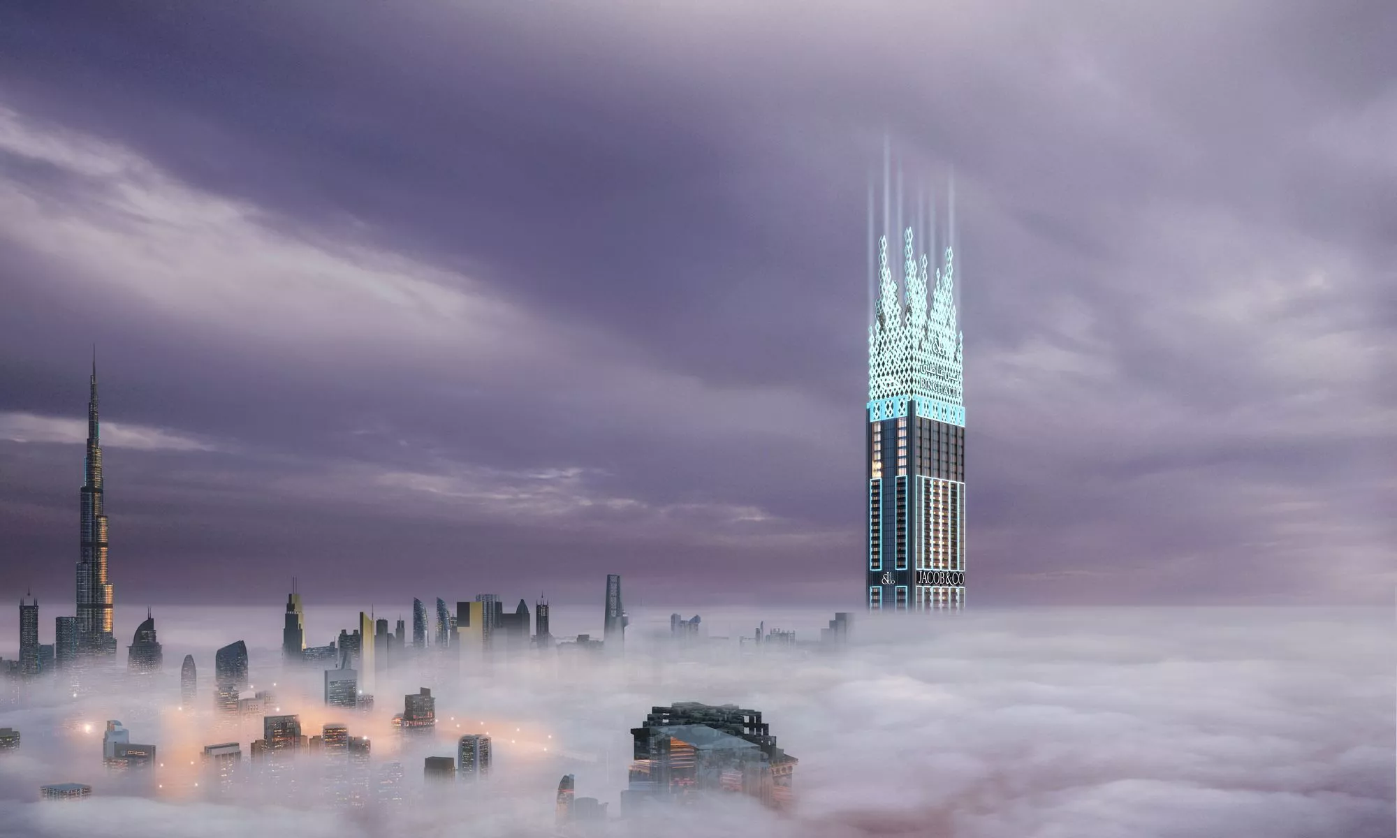 burj binghatti view of tower sticking out of fog burj khalifa on the side