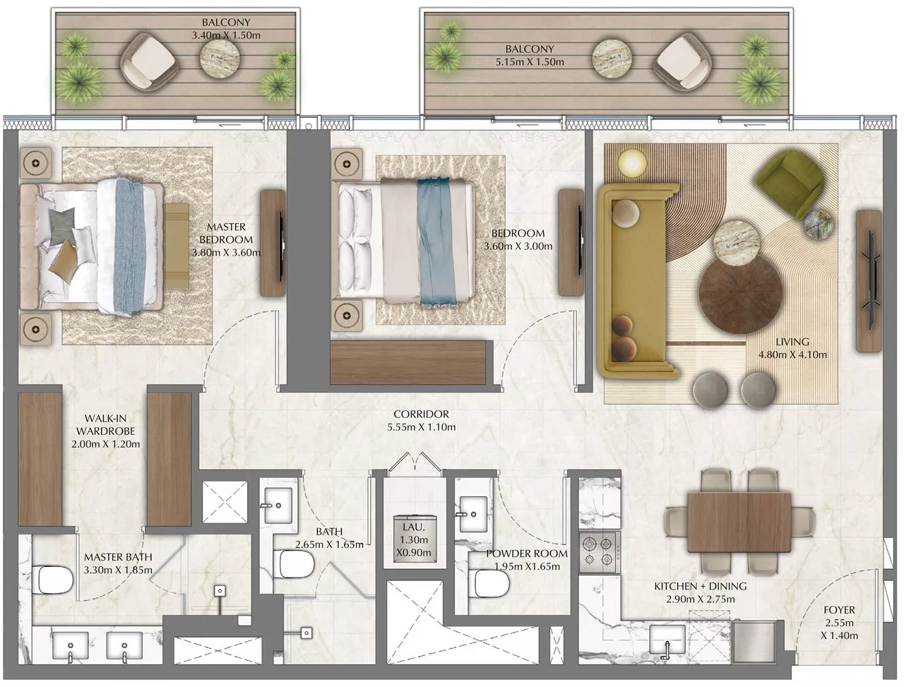 Alternate layout of a 2-bedroom apartment – Type B