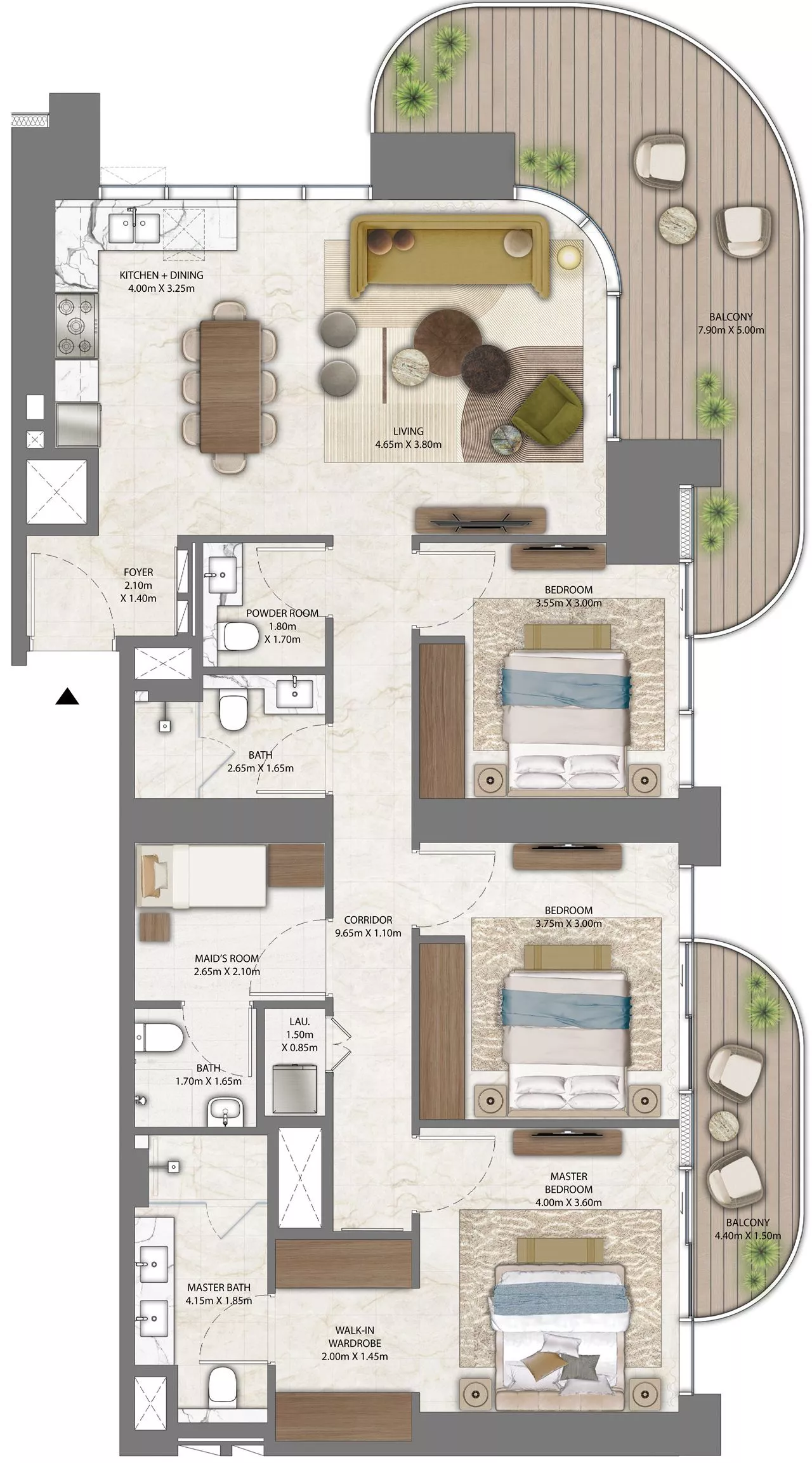 Floor plan of a 3-bedroom apartment in Address Residences Zabeel – Type B