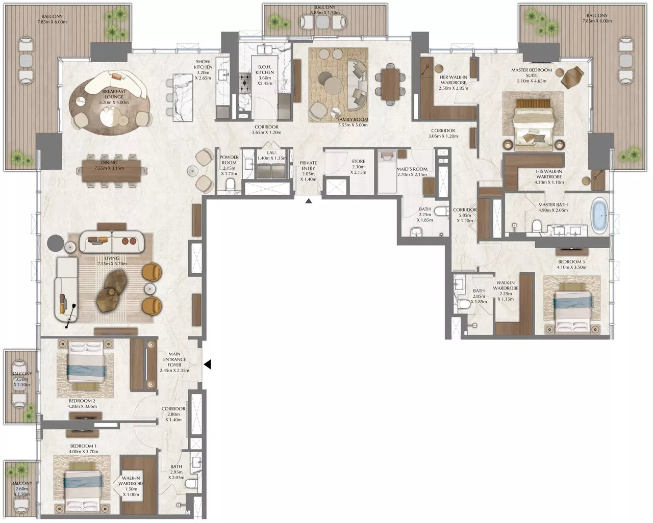 Floor plan of a 4-bedroom penthouse in Address Residences Zabeel – Type B