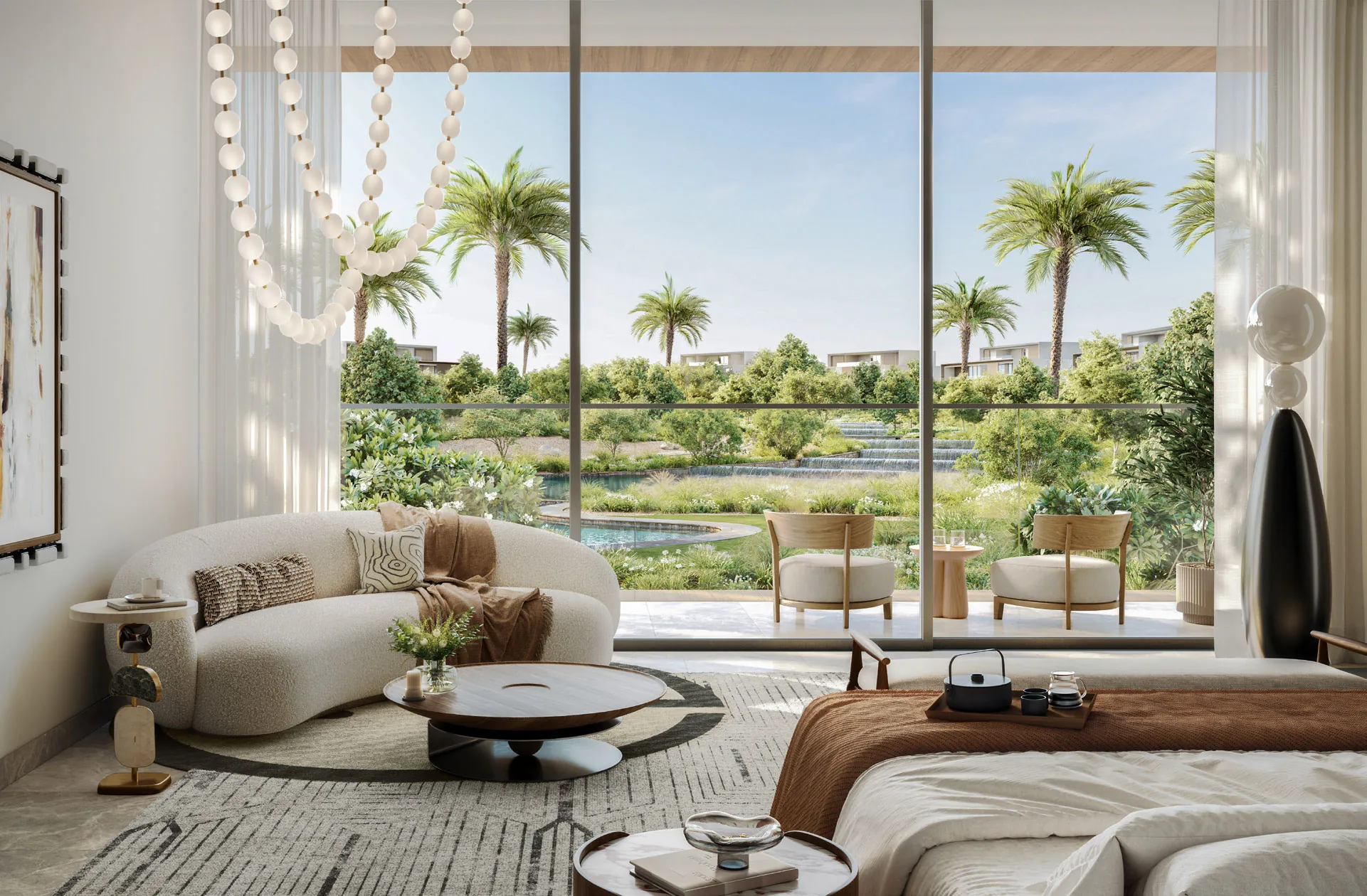 bedroom interior with sitting area overlooking lush greenery and waterways in a luxury mansion in lavita by emaar in the oasis