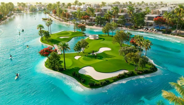 damac islands golf fields in the middle of a lake
