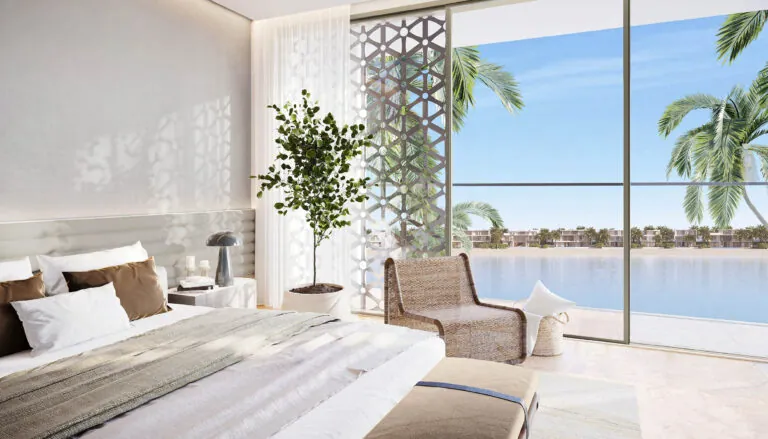 palm jebel ali villa bedroom with sea view