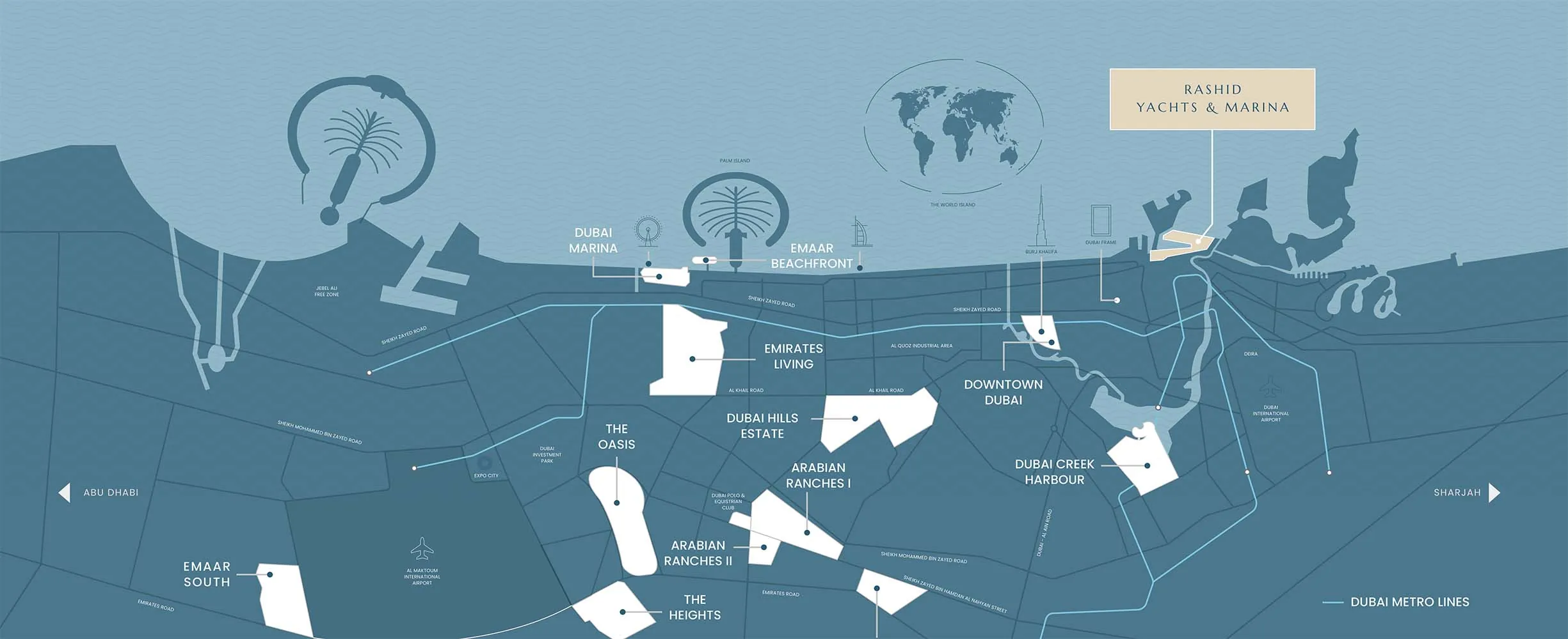 map of emaar master communities in dubai with mina rashid location