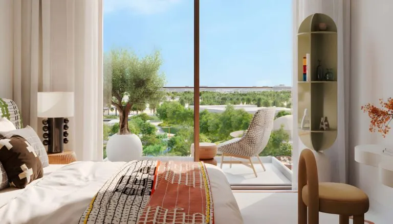 bedroom interior with view from hillsedge by emaar brochure