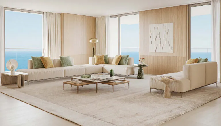 example sitting room interior showing the sea behind the balconies in orise by beyond apartment