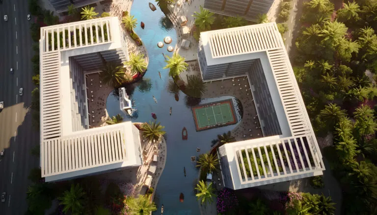 aerial riverside views buildings with tennis court and river