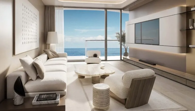 esme beach residences living room with beach view interior rendering
