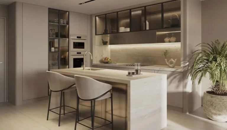 esme beach residences kitchen interior with island rendering