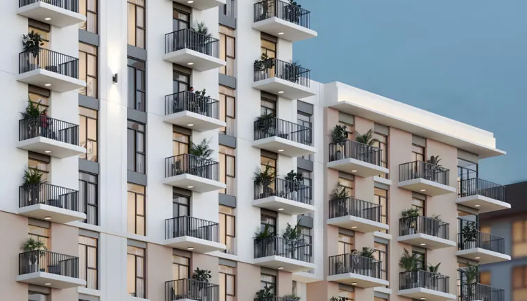 ellison in town square exterior close-up of building with balconies