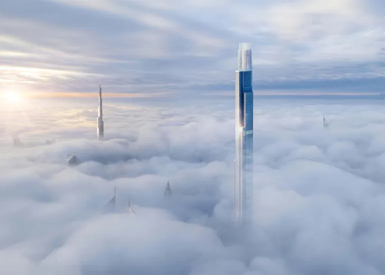 burj azizi tower in dubai above the clouds