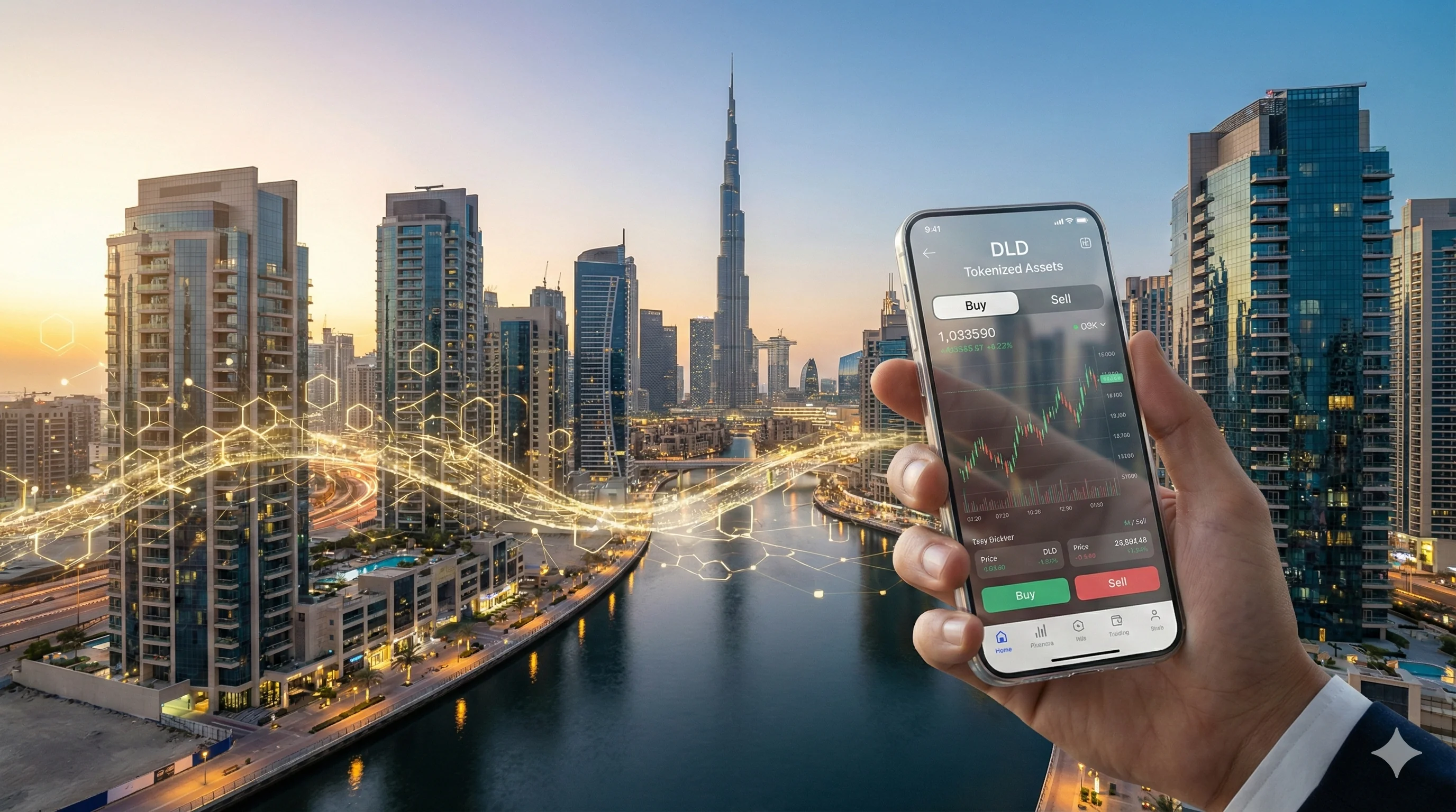 Dubai skyline with smartphone displaying DLD tokenized property trading platform showing buy and sell options
